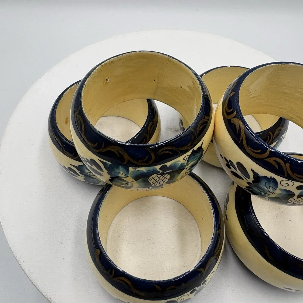 6 Hand Painted Wood Napkin Rings Vintage Blue Floral